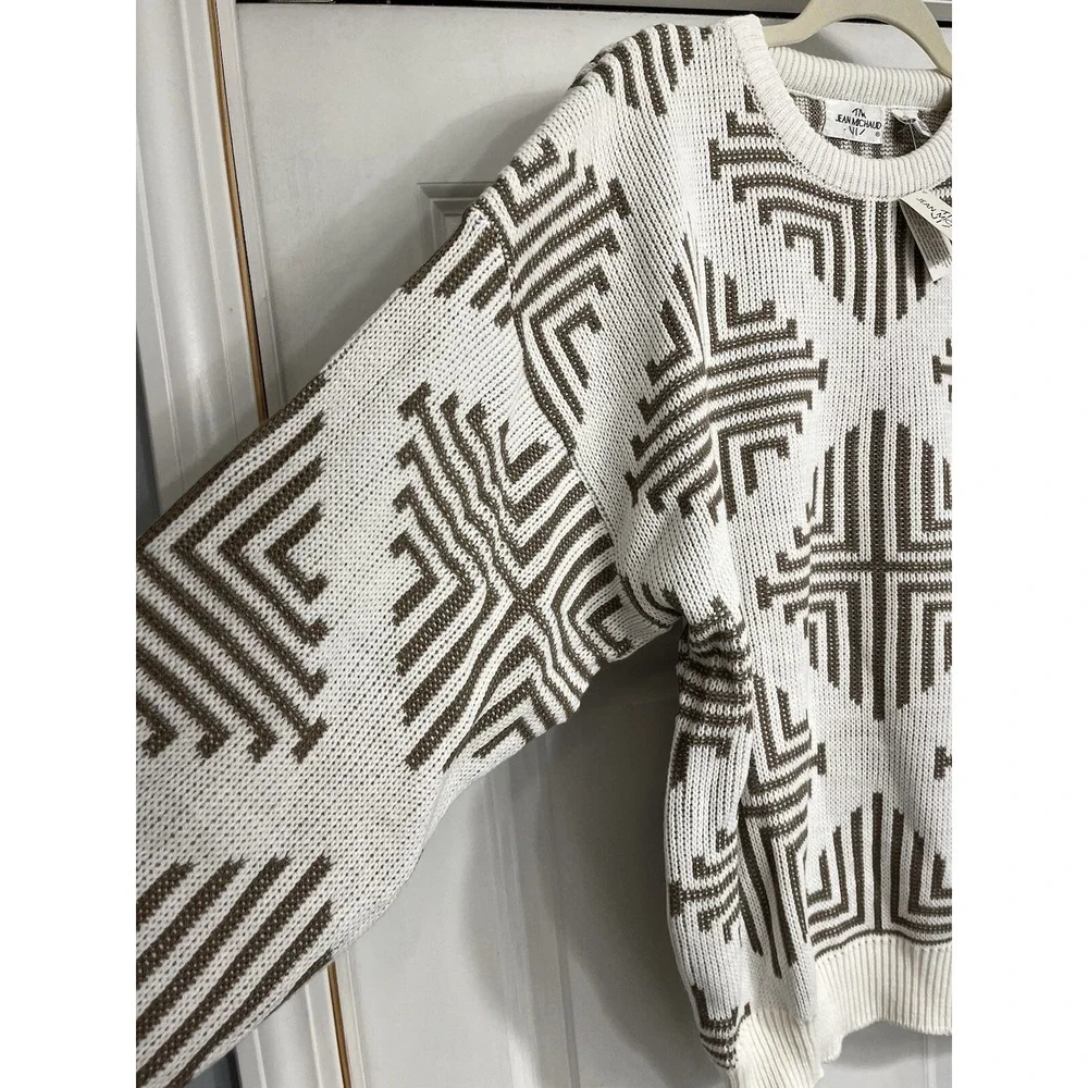 80s 90s Jean Michaud Sweater All Over Print White Brown XL NWT Knit